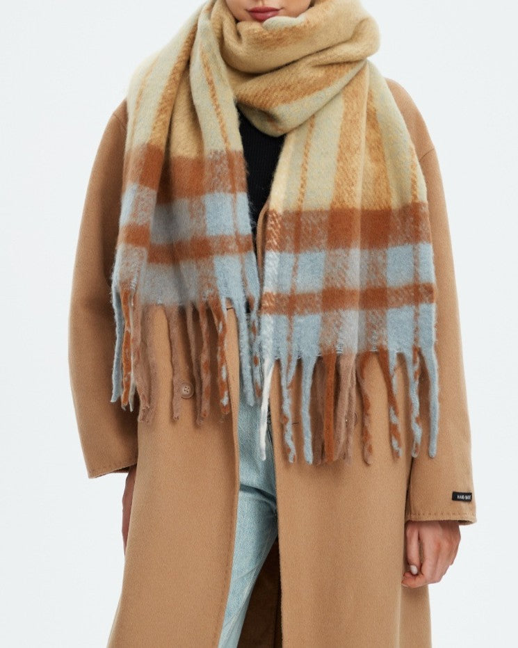 Soft Brushed Plaid Fringed Winter Scarf - camel - 2