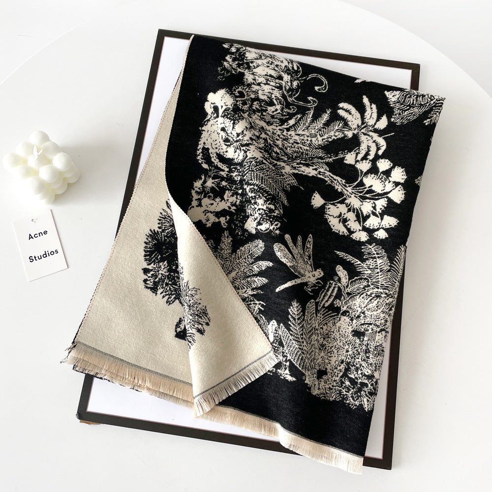 Reversible Botanical Jacquard Blanket Scarf - Black
