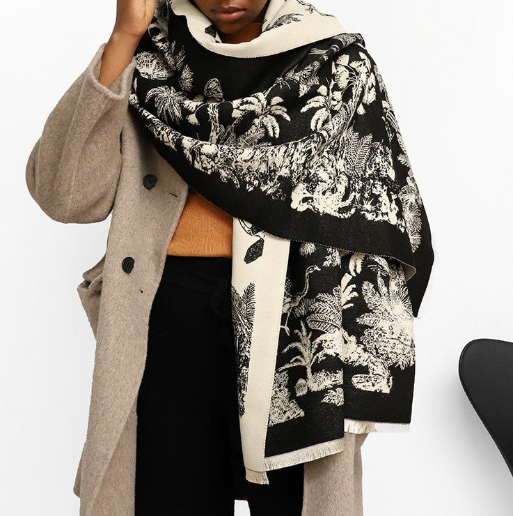 Reversible Botanical Jacquard Blanket Scarf - Black - 1