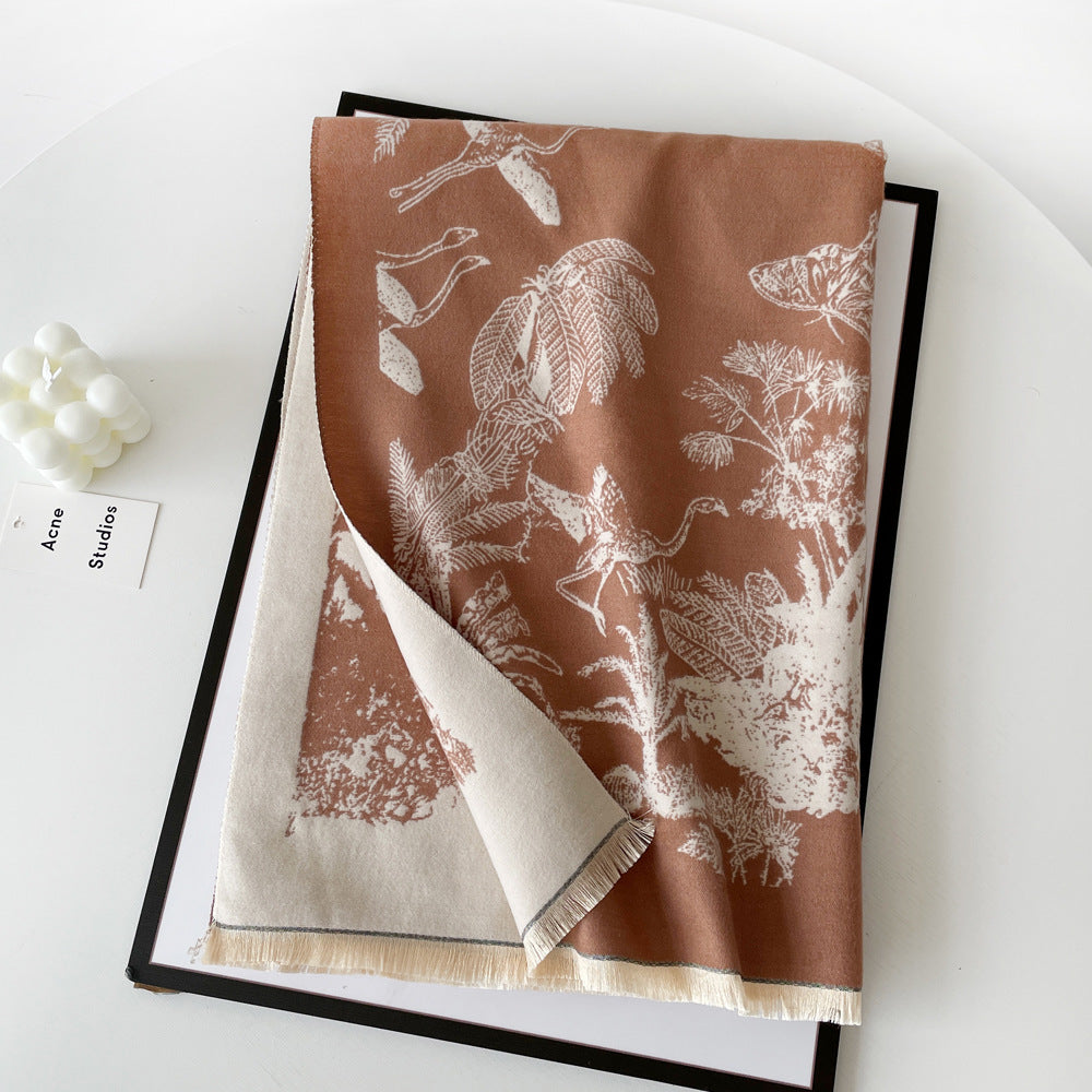 Reversible Botanical Jacquard Blanket Scarf - Coffee - 1