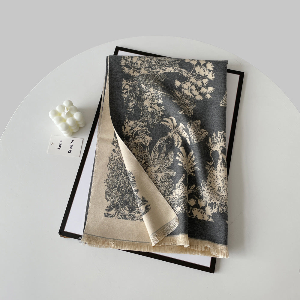 Reversible Botanical Jacquard Blanket Scarf - Grey