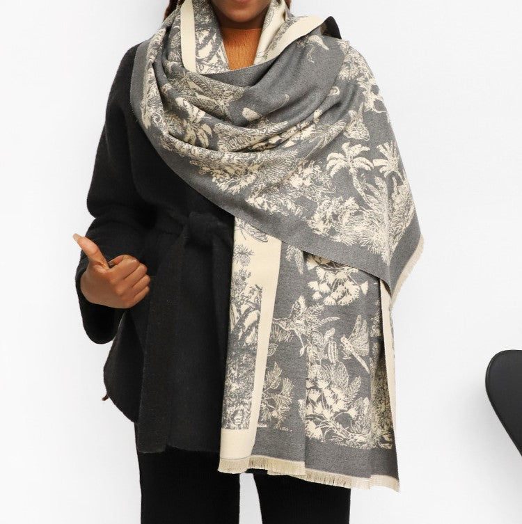 Reversible Botanical Jacquard Blanket Scarf - Grey - 1