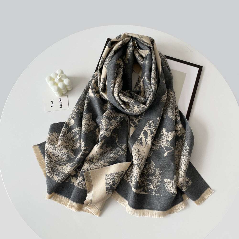Reversible Botanical Jacquard Blanket Scarf - Grey - 2
