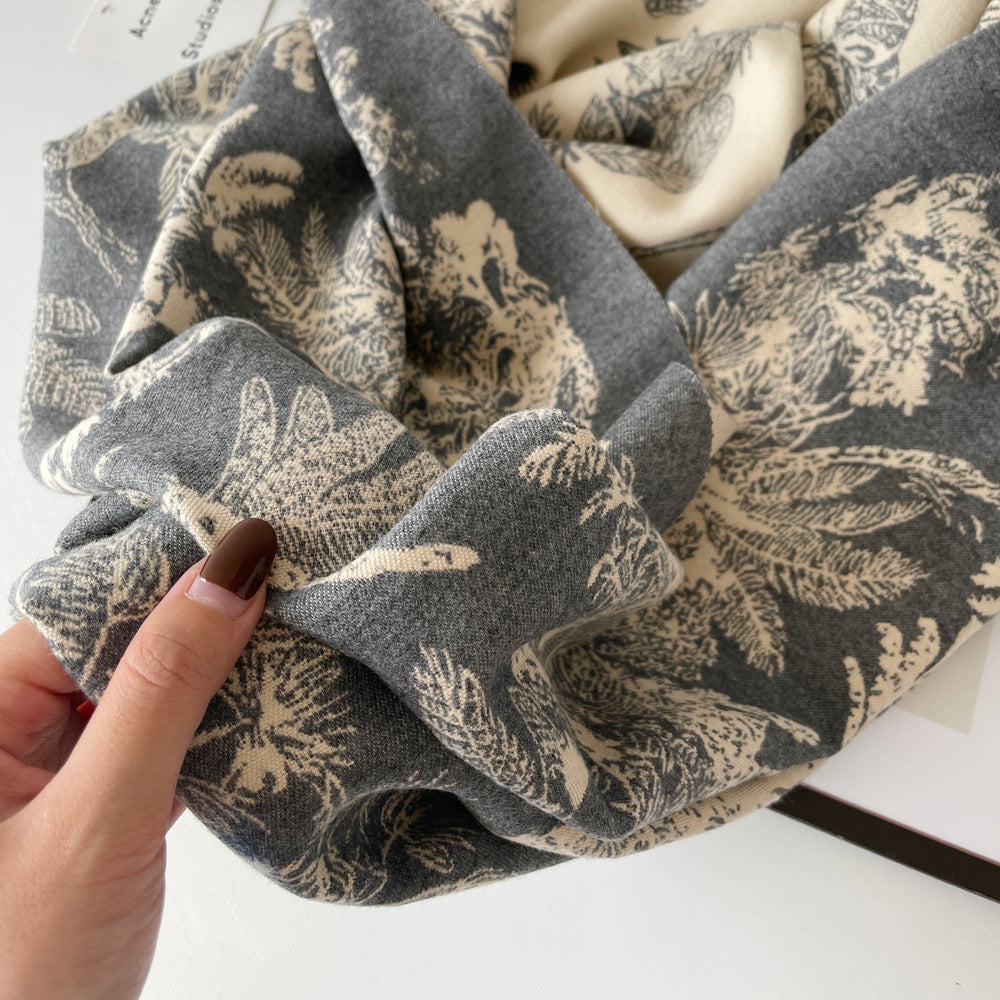 Reversible Botanical Jacquard Blanket Scarf - Grey - 3