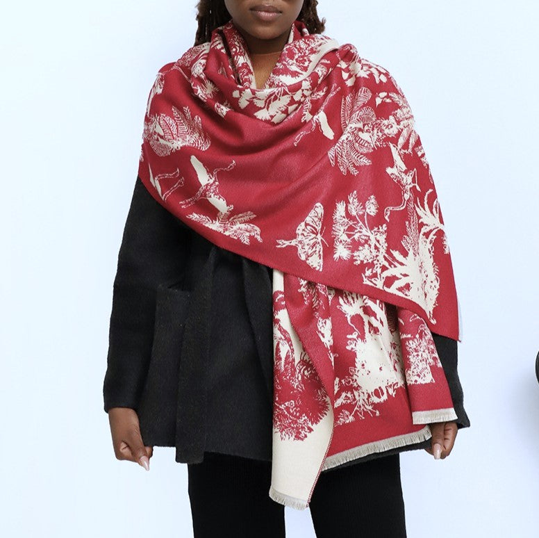 Reversible Botanical Jacquard Blanket Scarf - Red
