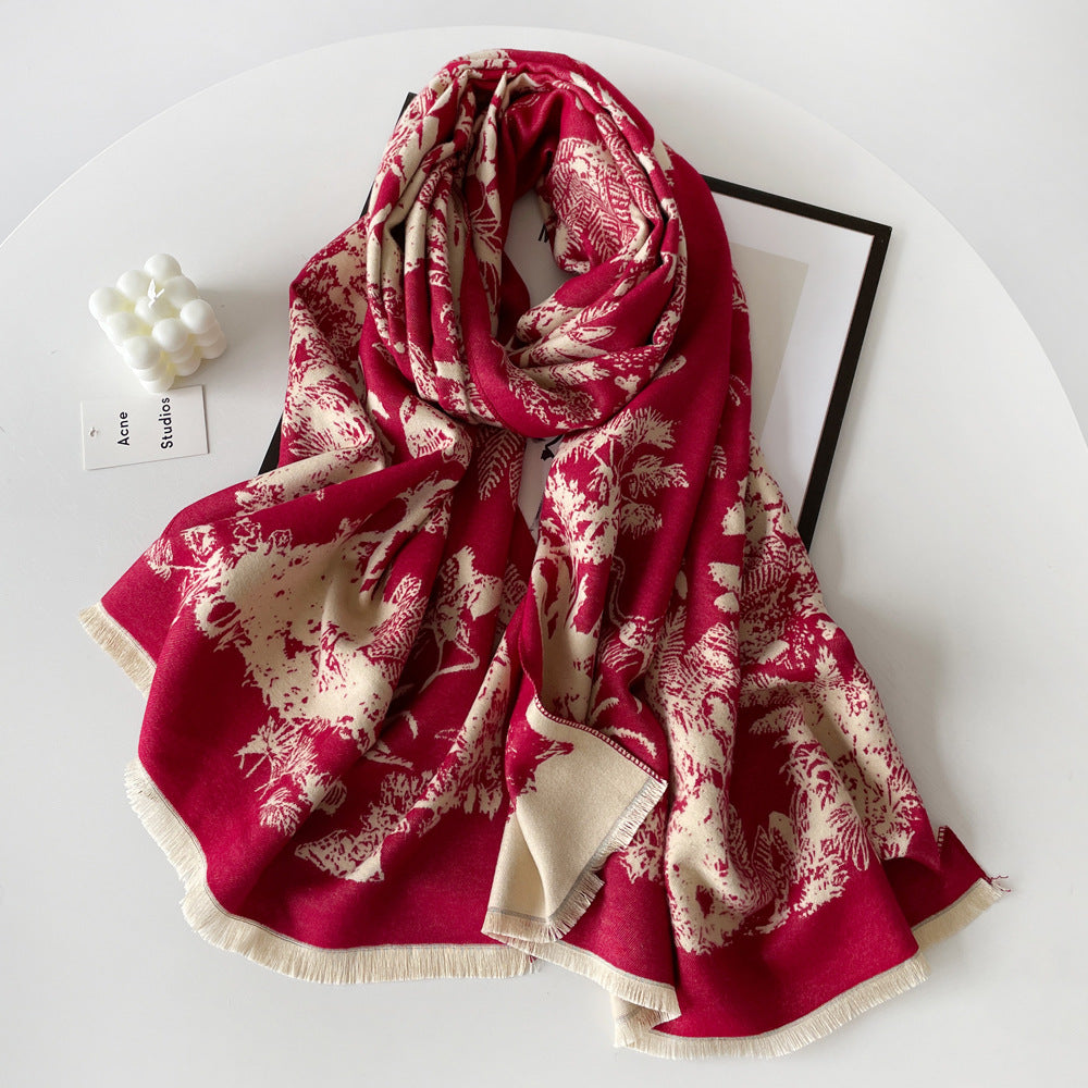 Reversible Botanical Jacquard Blanket Scarf - Red - 1