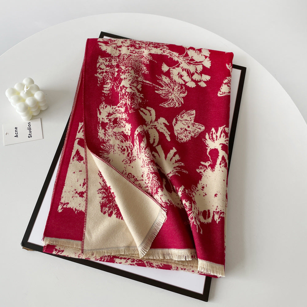 Reversible Botanical Jacquard Blanket Scarf - Red - 2