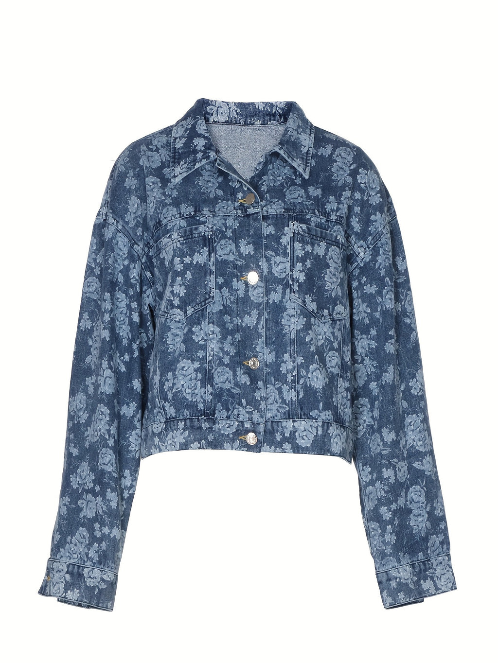 Floral Print Cropped Denim Jacket - Blue
