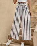 Vertical Stripe Belted Wide Leg Cropped Pants - White