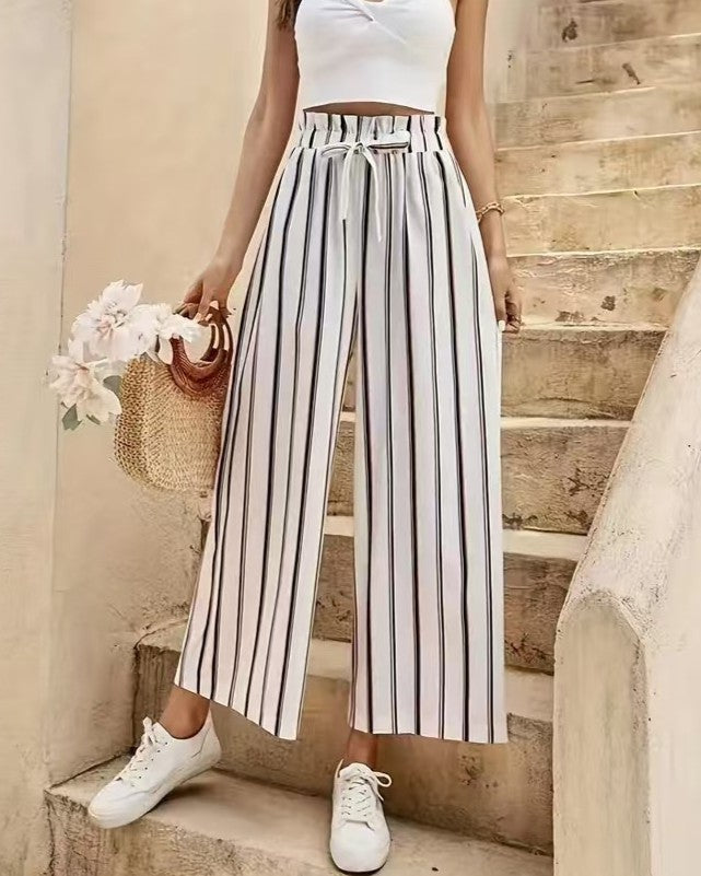 Vertical Stripe Belted Wide Leg Cropped Pants - White - 1