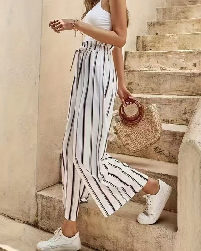 Vertical Stripe Belted Wide Leg Cropped Pants - White - 2