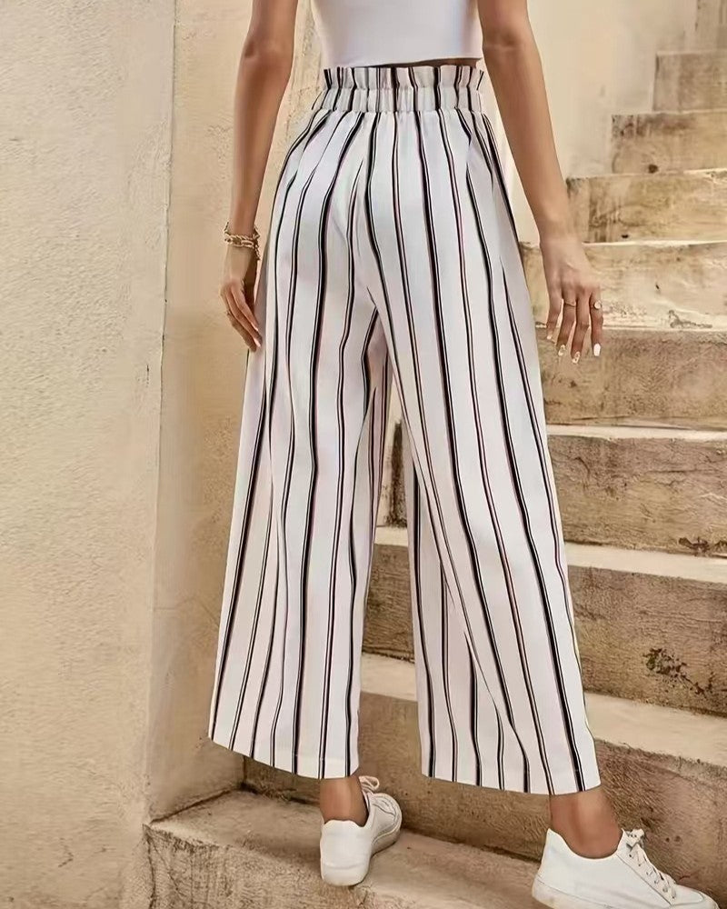 Vertical Stripe Belted Wide Leg Cropped Pants - White - 3