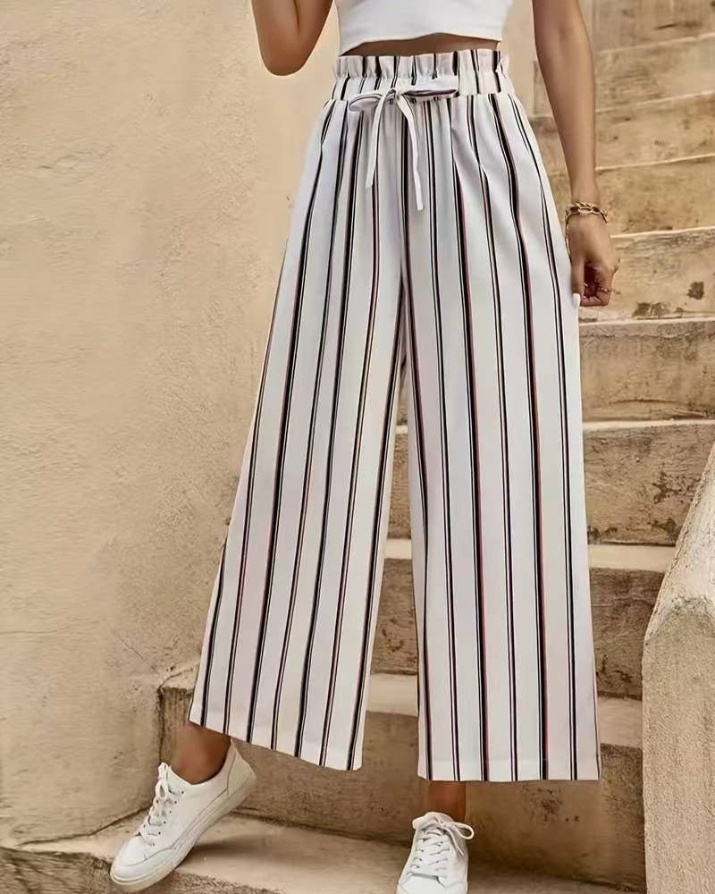 Vertical Stripe Belted Wide Leg Cropped Pants