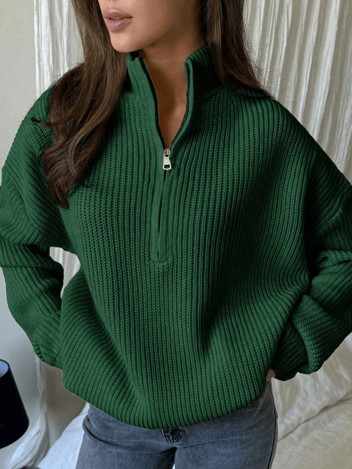 Oversized Zip Mock Neck Rib Knit Sweater - Green