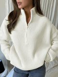 Oversized Zip Mock Neck Rib Knit Sweater - White
