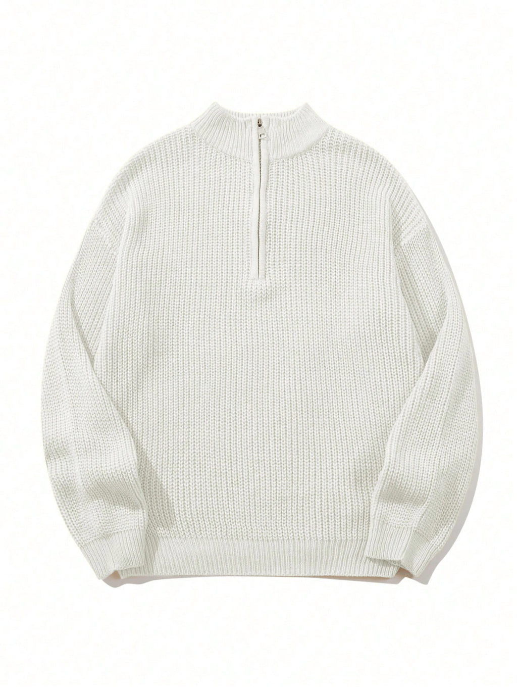 Oversized Zip Mock Neck Rib Knit Sweater - White - 1