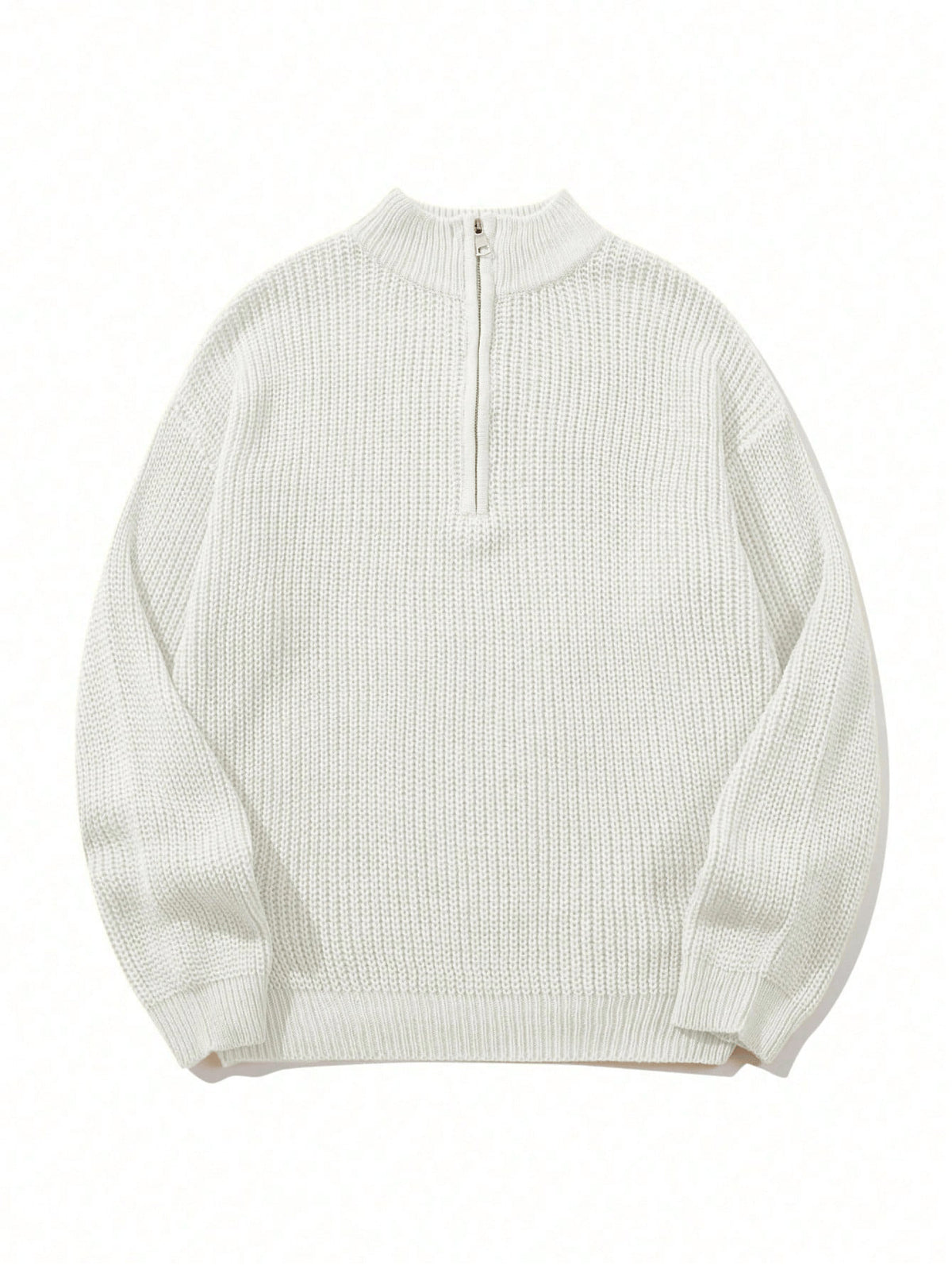 Oversized Zip Mock Neck Rib Knit Sweater - White - 1