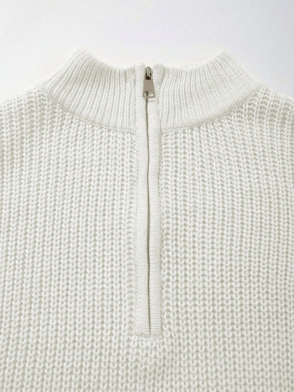 Oversized Zip Mock Neck Rib Knit Sweater - White - 3