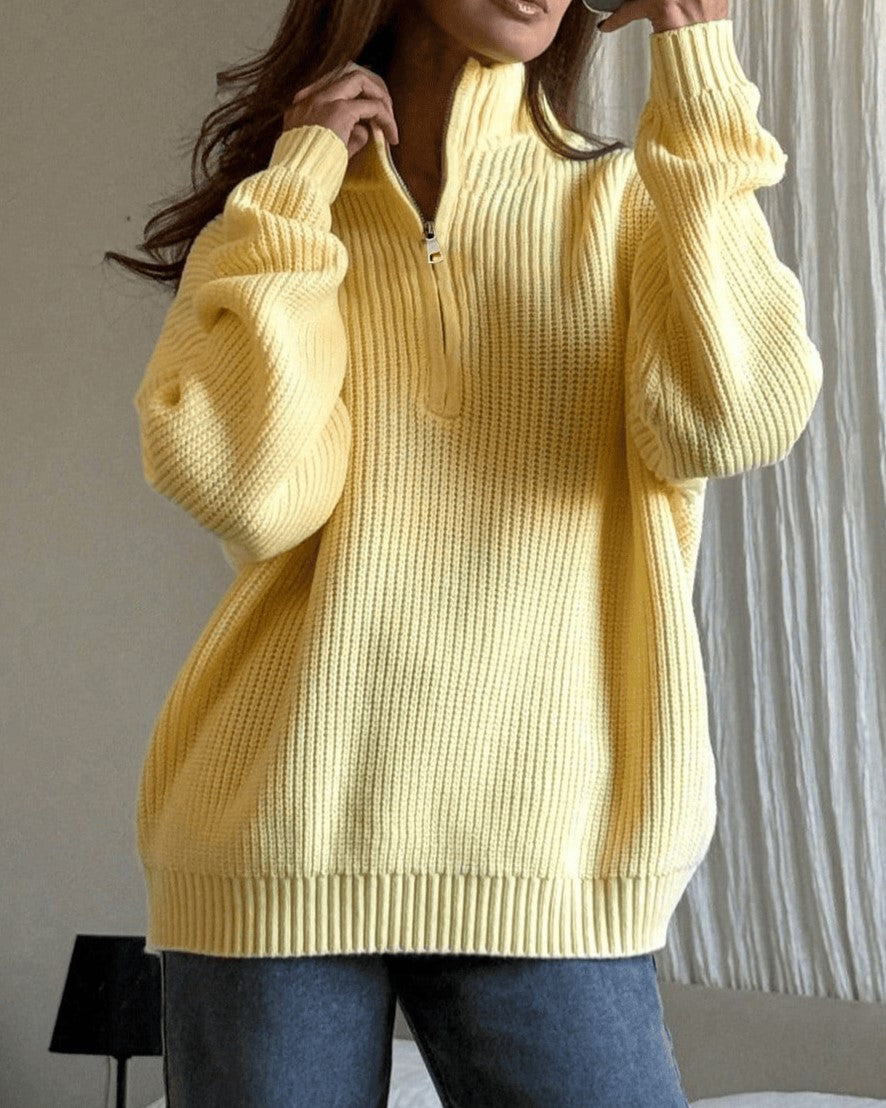 Oversized Zip Mock Neck Rib Knit Sweater - Yellow