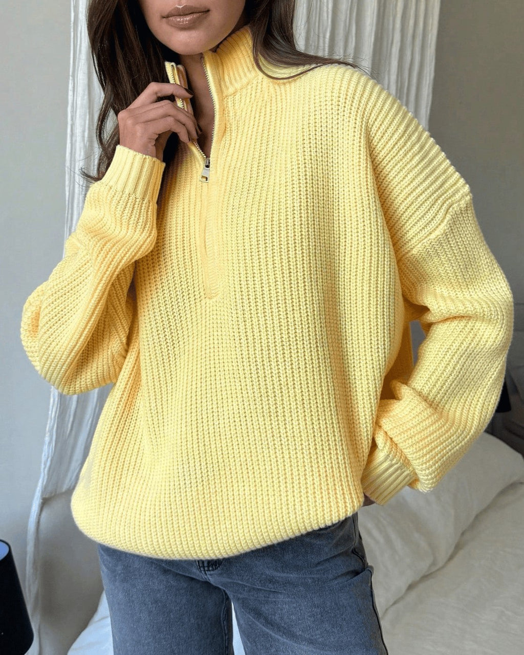 Oversized Zip Mock Neck Rib Knit Sweater - Yellow - 2
