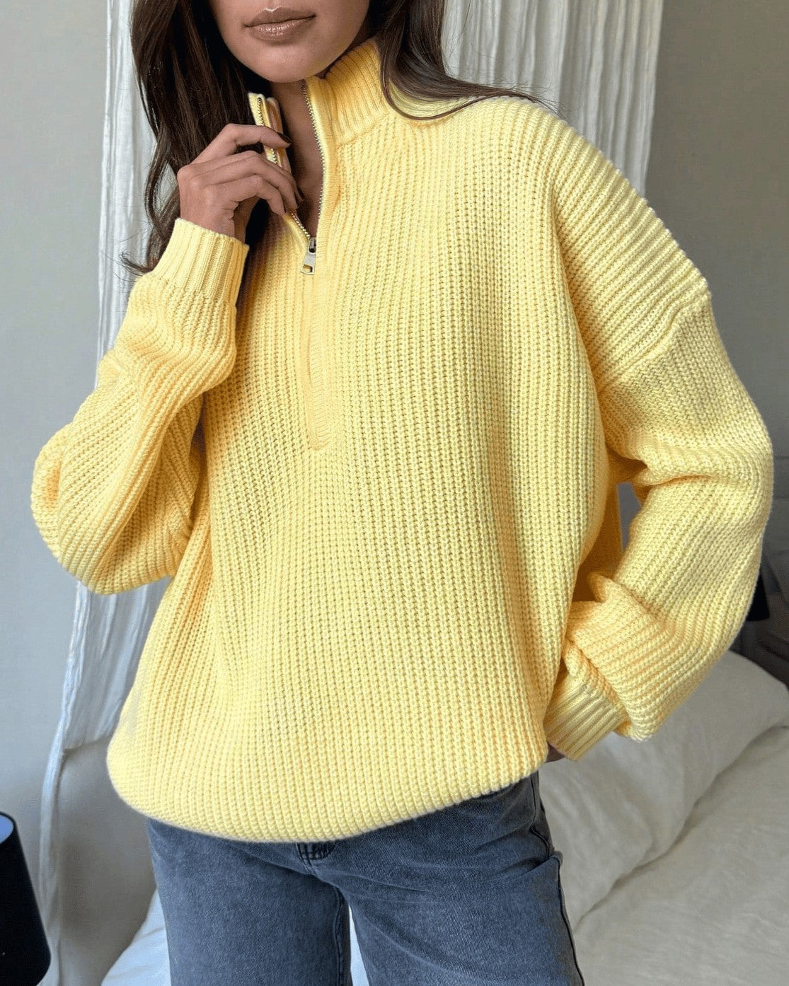 Oversized Zip Mock Neck Rib Knit Sweater - Yellow - 2