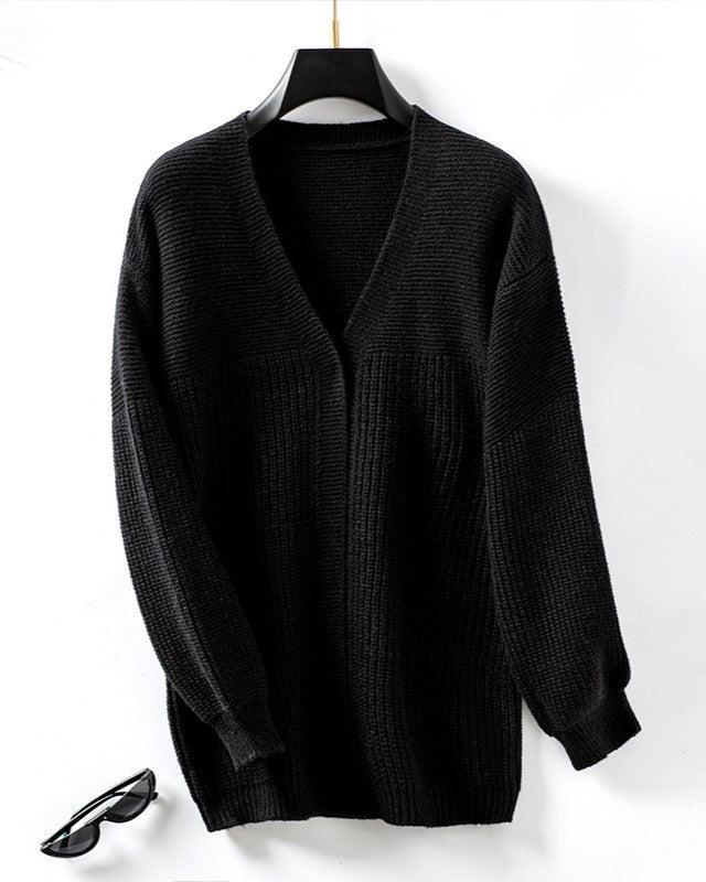 Slouchy Lantern Sleeve Open Front Cardigan - Black
