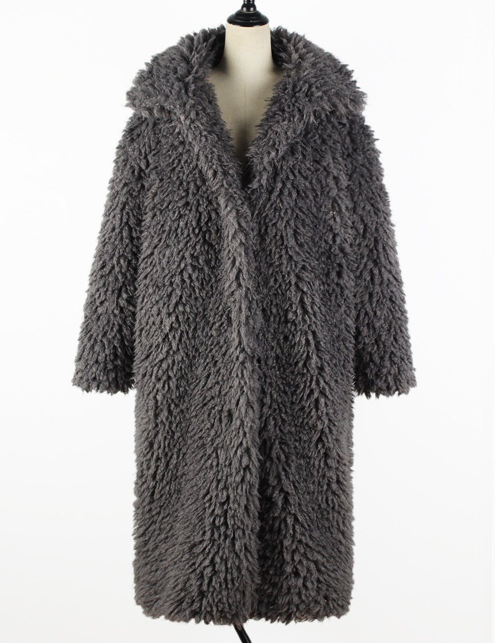 Curly Plush Faux Fur Longline Coat - Grey