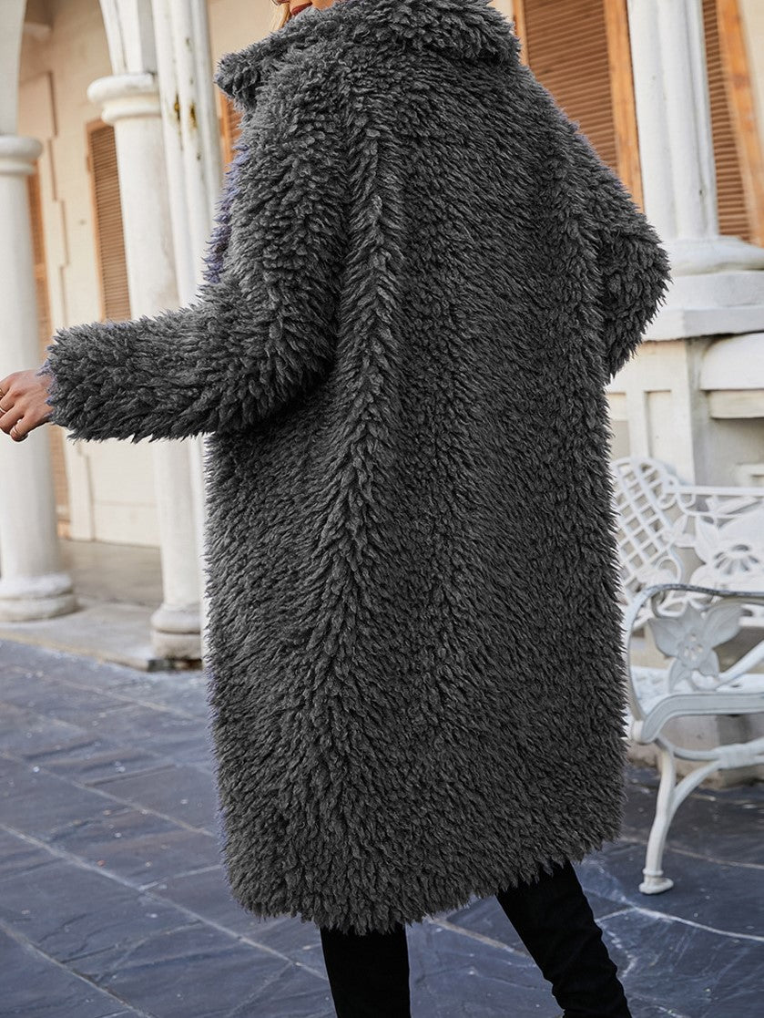 Curly Plush Faux Fur Longline Coat - Grey - 3