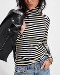 Slim Striped Mock Neck Blouse - Black