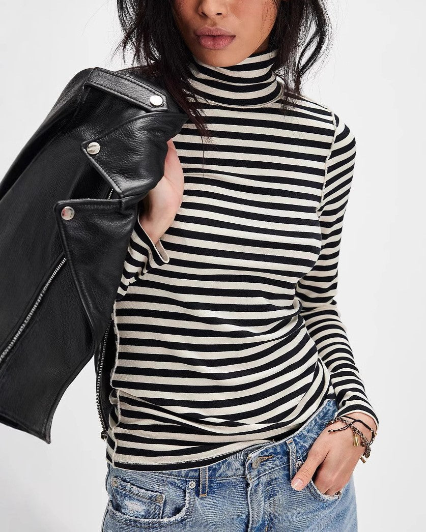 Slim Striped Mock Neck Blouse - Black