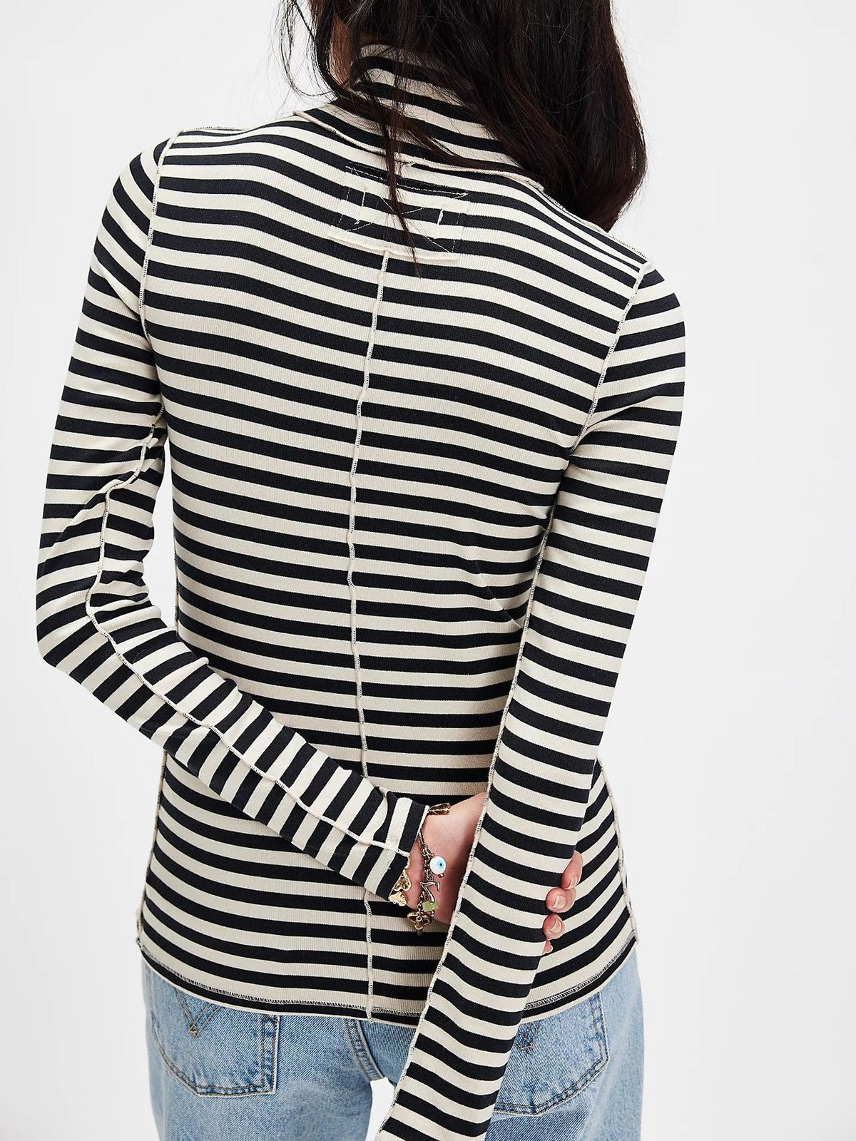 Slim Striped Mock Neck Blouse - Black - 1
