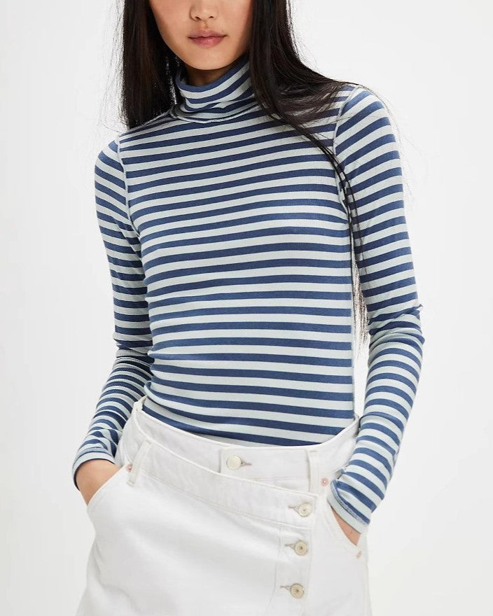 Slim Striped Mock Neck Blouse - Blue