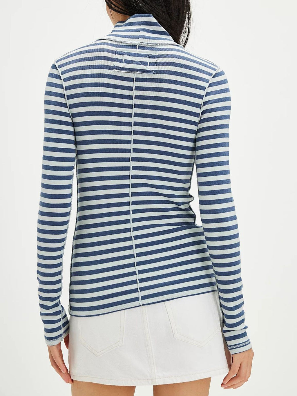 Slim Striped Mock Neck Blouse - Blue - 1