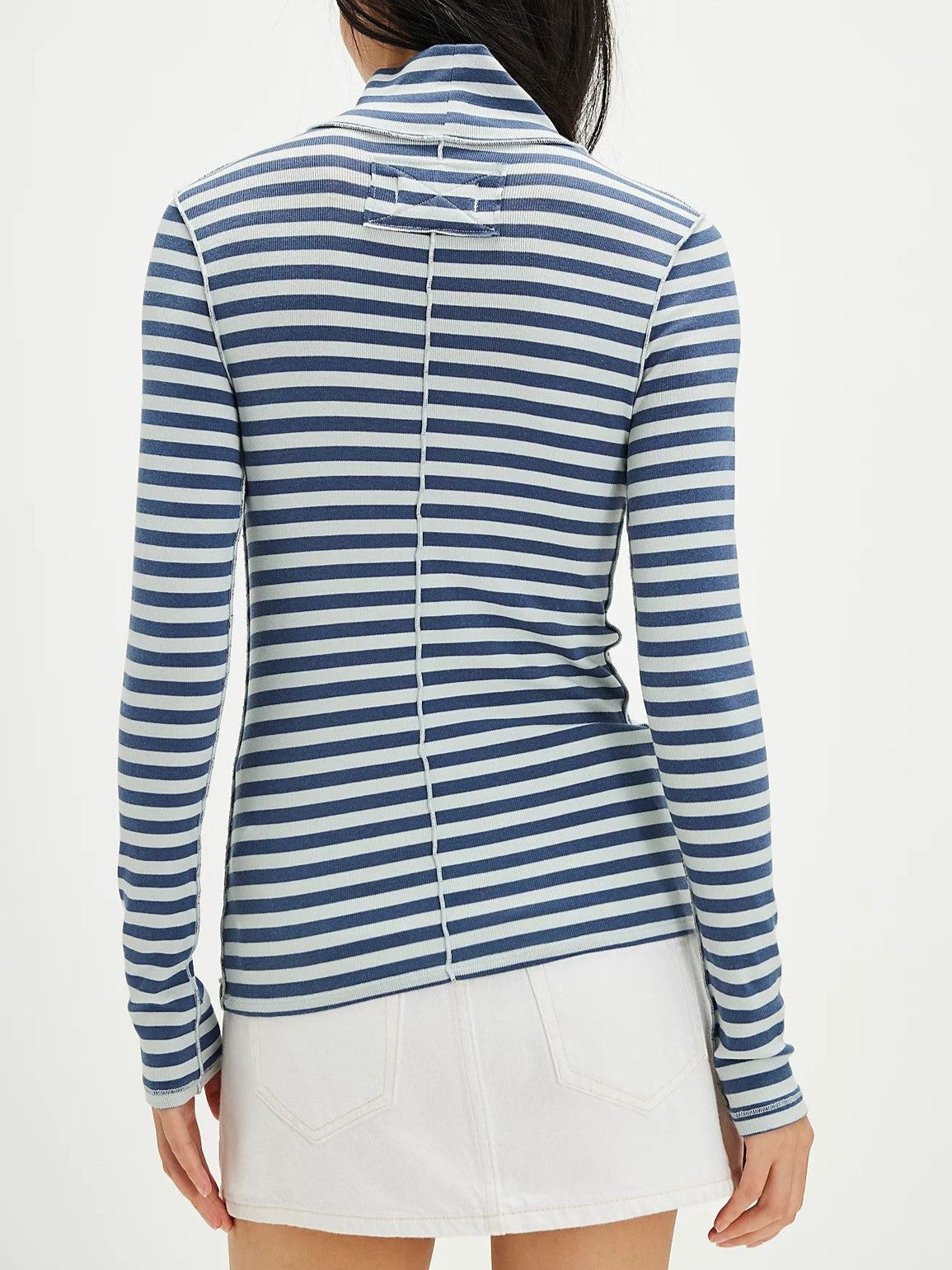 Slim Striped Mock Neck Blouse - Blue - 1