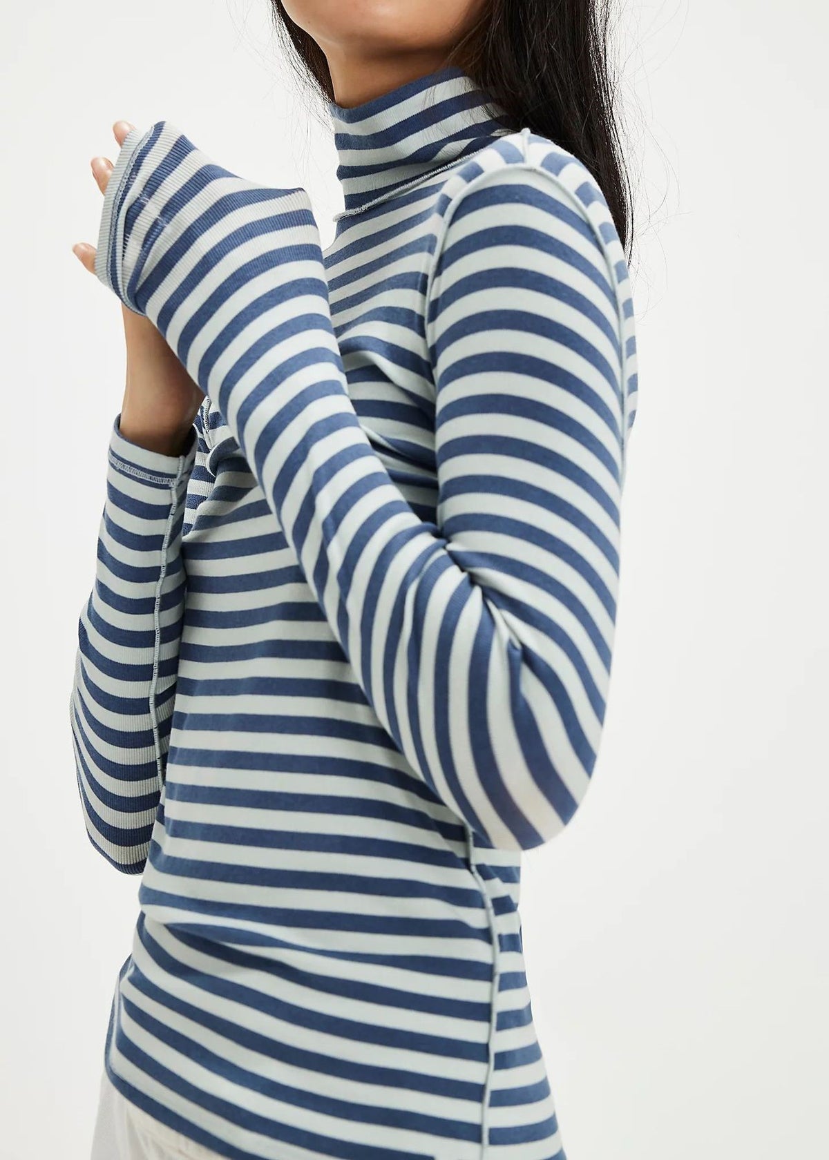 Slim Striped Mock Neck Blouse - Blue - 2