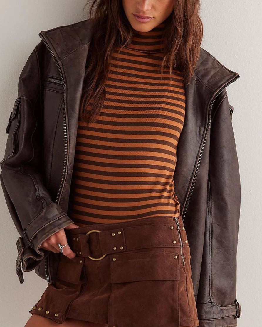 Slim Striped Mock Neck Blouse - Khaki