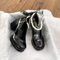 Pearl Ankle Strap Platform Mary Jane Heels - Black