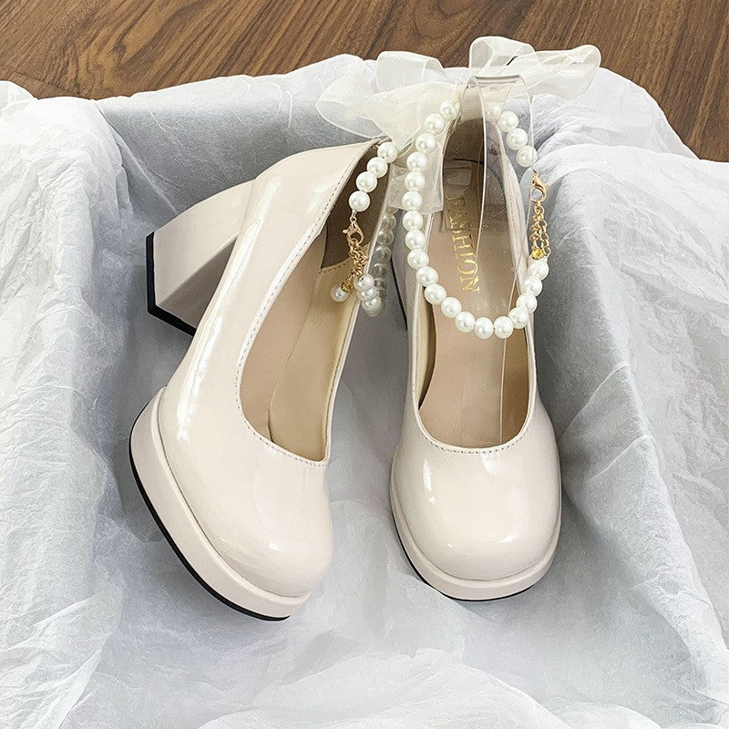 Pearl Ankle Strap Platform Mary Jane Heels - Cream