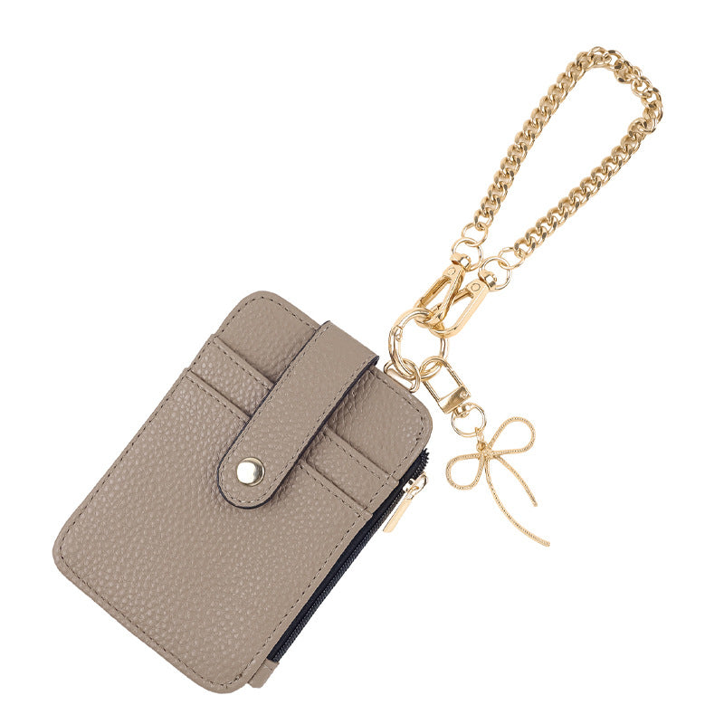 Bow Charm Card Holder Keychain With Chain Strap - Coffee