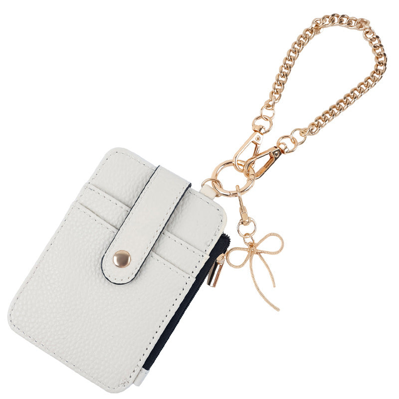 Bow Charm Card Holder Keychain With Chain Strap - White