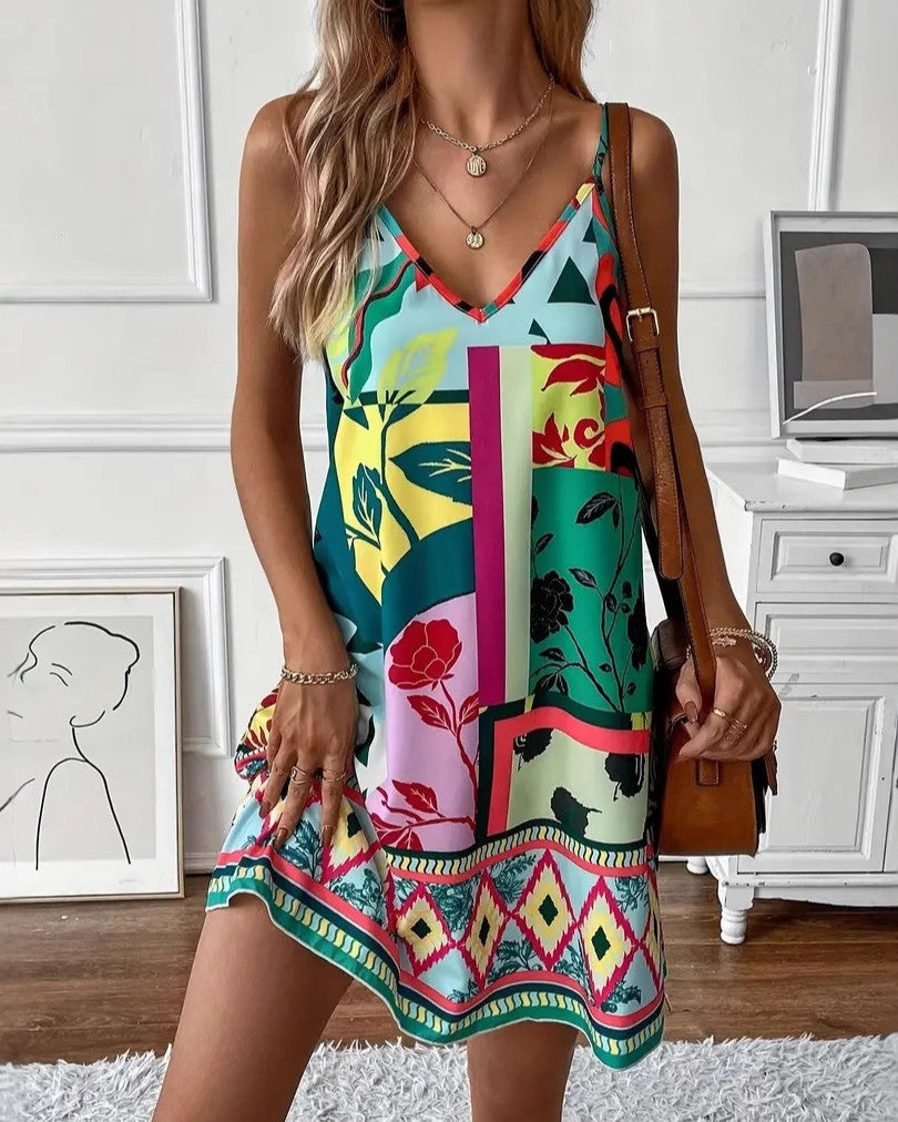 Mixed Print Border Trim Cami Mini Dress - Green