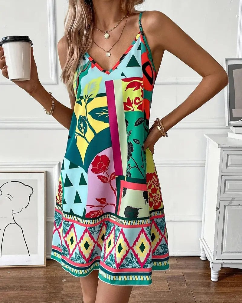 Mixed Print Border Trim Cami Mini Dress - Yellow