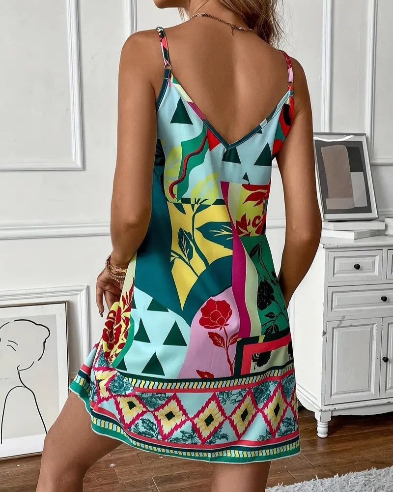 Mixed Print Border Trim Cami Mini Dress - Yellow - 3