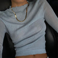 See Through Ribbed Knit Mock Neck Top - Blue