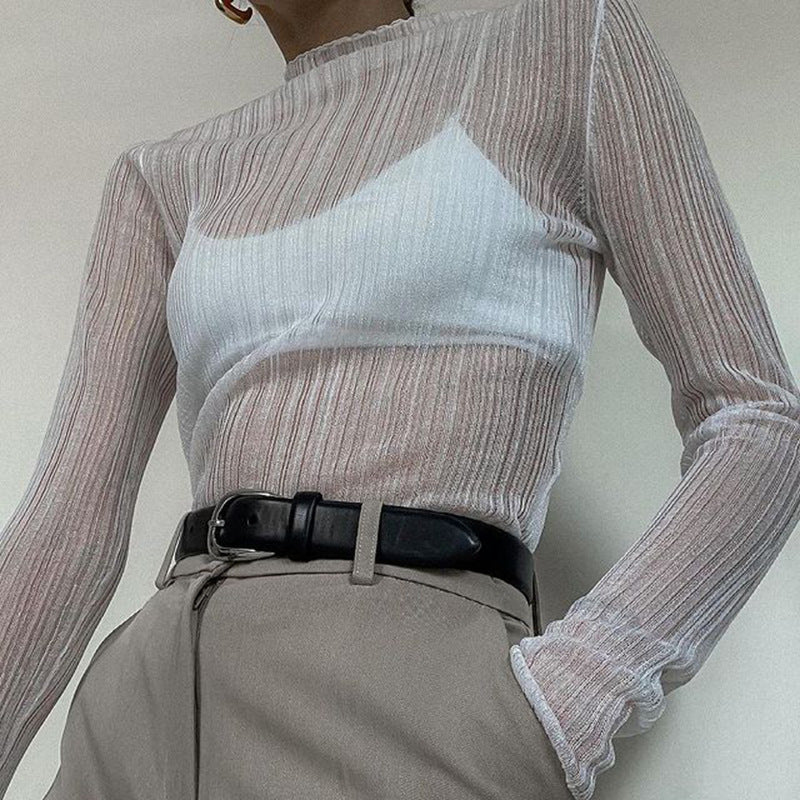 See Through Ribbed Knit Mock Neck Top - Blue - 1