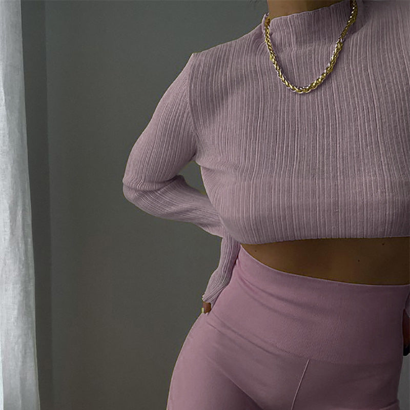 See Through Ribbed Knit Mock Neck Top - Pink