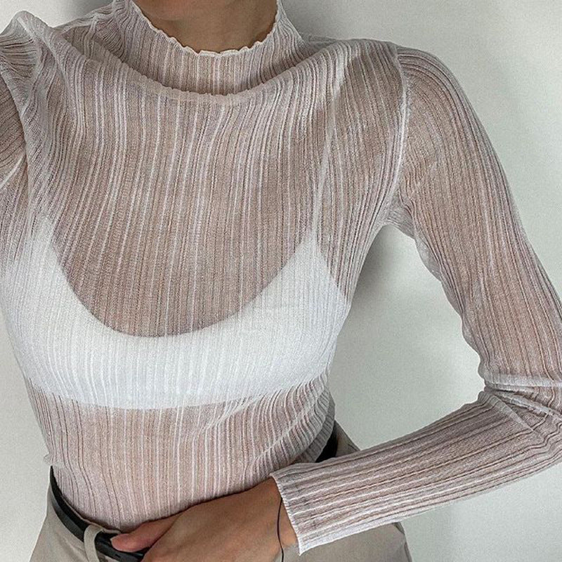 See Through Ribbed Knit Mock Neck Top - White