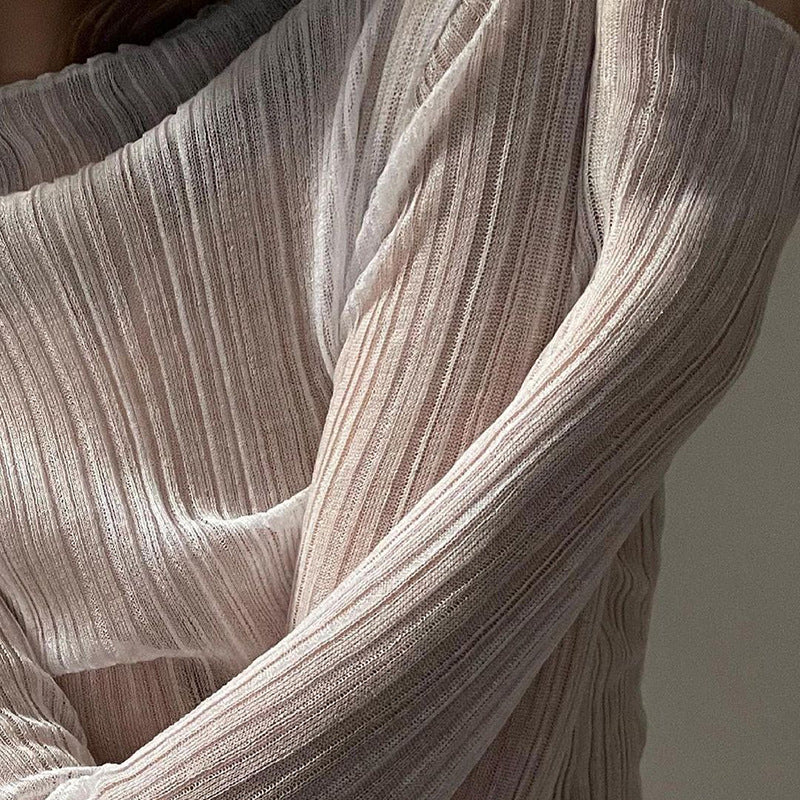 See Through Ribbed Knit Mock Neck Top - White - 1