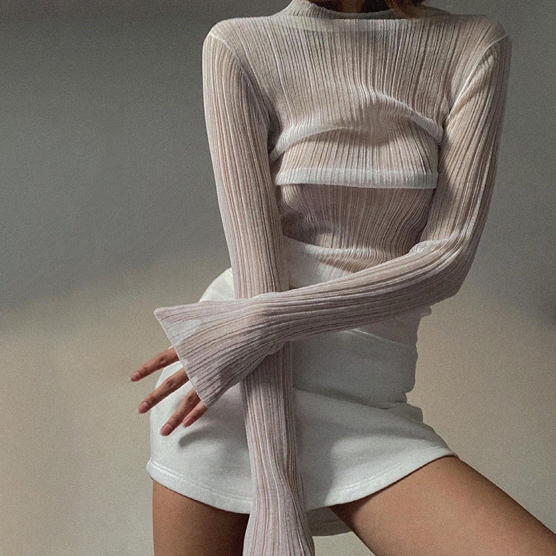 See Through Ribbed Knit Mock Neck Top - White - 2