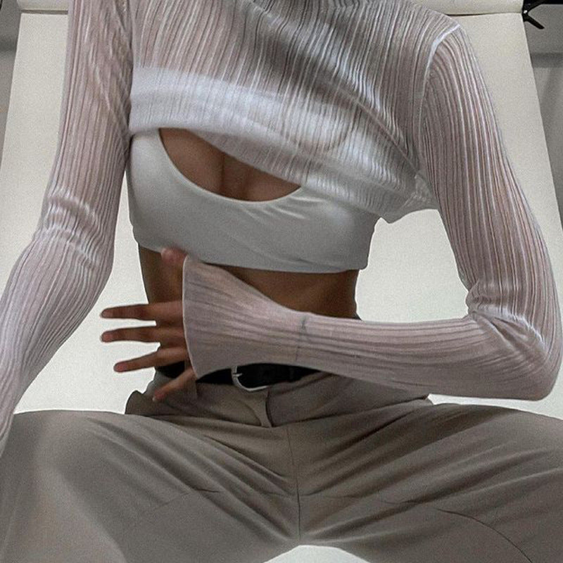 See Through Ribbed Knit Mock Neck Top - White - 4
